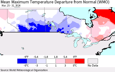 Canada Mean Maximum Temperature Departure from Normal (WMO) Thematic Map For 3/25/2024 - 3/31/2024