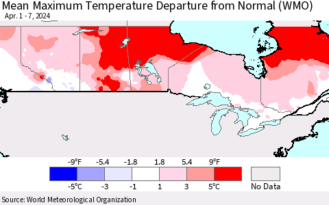 Canada Mean Maximum Temperature Departure from Normal (WMO) Thematic Map For 4/1/2024 - 4/7/2024