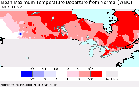 Canada Mean Maximum Temperature Departure from Normal (WMO) Thematic Map For 4/8/2024 - 4/14/2024