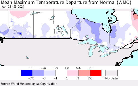 Canada Mean Maximum Temperature Departure from Normal (WMO) Thematic Map For 4/15/2024 - 4/21/2024