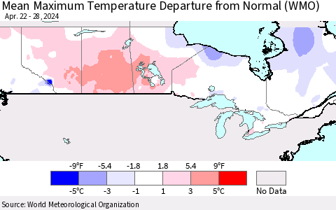 Canada Mean Maximum Temperature Departure from Normal (WMO) Thematic Map For 4/22/2024 - 4/28/2024