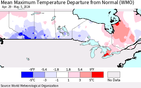 Canada Mean Maximum Temperature Departure from Normal (WMO) Thematic Map For 4/29/2024 - 5/5/2024
