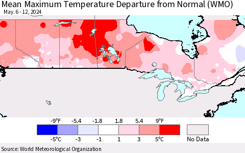 Canada Mean Maximum Temperature Departure from Normal (WMO) Thematic Map For 5/6/2024 - 5/12/2024