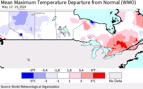 Canada Mean Maximum Temperature Departure from Normal (WMO) Thematic Map For 5/13/2024 - 5/19/2024