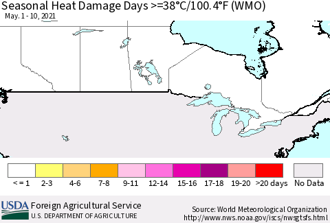 Canada Seasonal Heat Damage Days >=38°C/100°F (WMO) Thematic Map For 5/1/2021 - 5/10/2021
