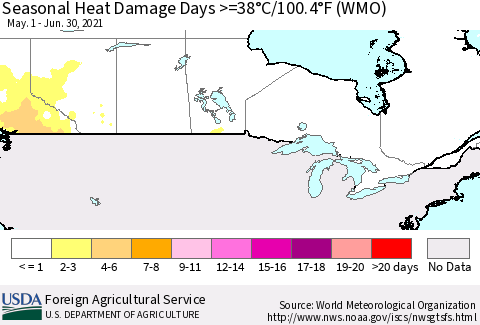 Canada Seasonal Heat Damage Days >=38°C/100°F (WMO) Thematic Map For 5/1/2021 - 6/30/2021
