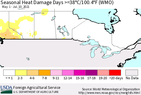 Canada Seasonal Heat Damage Days >=38°C/100°F (WMO) Thematic Map For 5/1/2021 - 7/10/2021