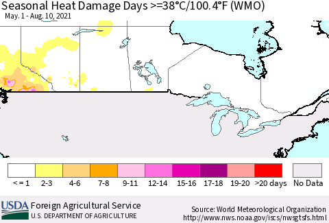 Canada Seasonal Heat Damage Days >=38°C/100°F (WMO) Thematic Map For 5/1/2021 - 8/10/2021