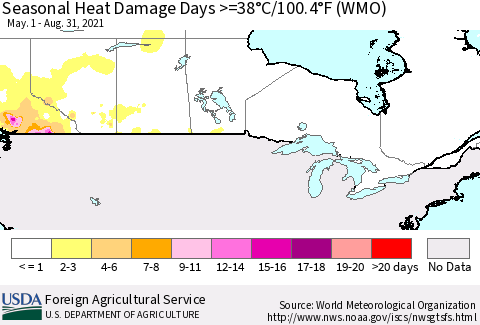 Canada Seasonal Heat Damage Days >=38°C/100°F (WMO) Thematic Map For 5/1/2021 - 8/31/2021