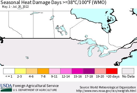 Canada Seasonal Heat Damage Days >=38°C/100°F (WMO) Thematic Map For 5/1/2022 - 7/20/2022