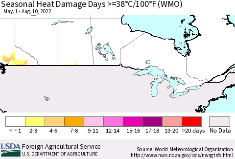 Canada Seasonal Heat Damage Days >=38°C/100°F (WMO) Thematic Map For 5/1/2022 - 8/10/2022