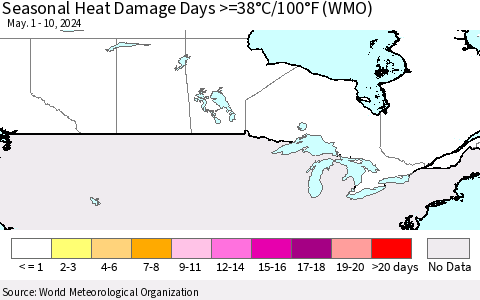 Canada Seasonal Heat Damage Days >=38°C/100°F (WMO) Thematic Map For 5/1/2024 - 5/10/2024