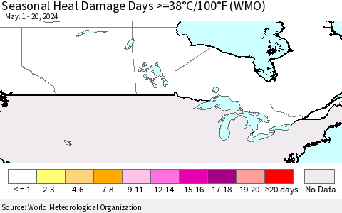 Canada Seasonal Heat Damage Days >=38°C/100°F (WMO) Thematic Map For 5/1/2024 - 5/20/2024