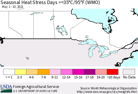 Canada Seasonal Heat Stress Days >=35°C/95°F (WMO) Thematic Map For 5/1/2021 - 5/10/2021