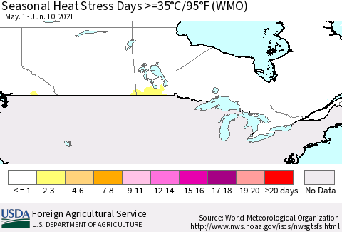 Canada Seasonal Heat Stress Days >=35°C/95°F (WMO) Thematic Map For 5/1/2021 - 6/10/2021