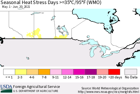 Canada Seasonal Heat Stress Days >=35°C/95°F (WMO) Thematic Map For 5/1/2021 - 6/20/2021