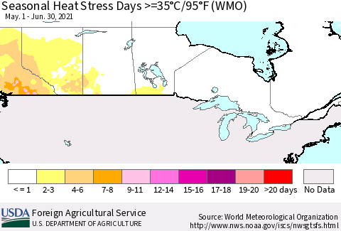 Canada Seasonal Heat Stress Days >=35°C/95°F (WMO) Thematic Map For 5/1/2021 - 6/30/2021
