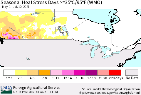 Canada Seasonal Heat Stress Days >=35°C/95°F (WMO) Thematic Map For 5/1/2021 - 7/10/2021