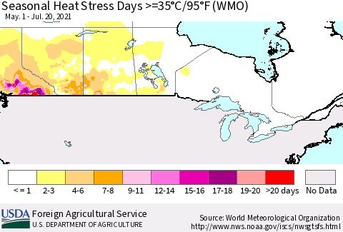 Canada Seasonal Heat Stress Days >=35°C/95°F (WMO) Thematic Map For 5/1/2021 - 7/20/2021