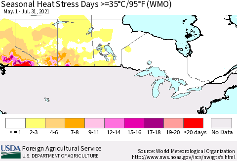 Canada Seasonal Heat Stress Days >=35°C/95°F (WMO) Thematic Map For 5/1/2021 - 7/31/2021