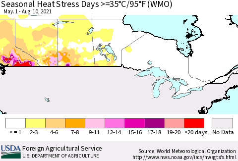 Canada Seasonal Heat Stress Days >=35°C/95°F (WMO) Thematic Map For 5/1/2021 - 8/10/2021