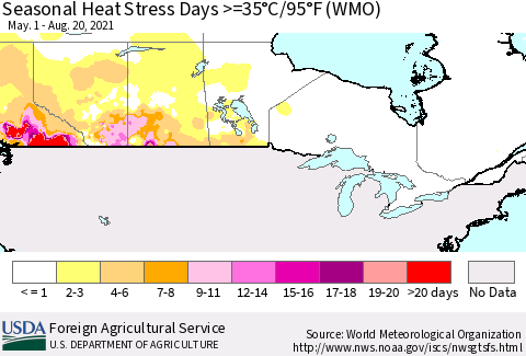 Canada Seasonal Heat Stress Days >=35°C/95°F (WMO) Thematic Map For 5/1/2021 - 8/20/2021
