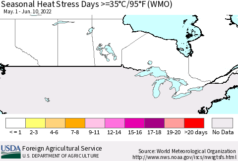 Canada Seasonal Heat Stress Days >=35°C/95°F (WMO) Thematic Map For 5/1/2022 - 6/10/2022