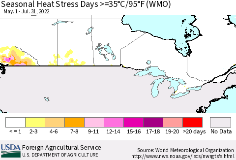 Canada Seasonal Heat Stress Days >=35°C/95°F (WMO) Thematic Map For 5/1/2022 - 7/31/2022