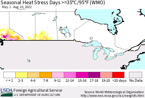 Canada Seasonal Heat Stress Days >=35°C/95°F (WMO) Thematic Map For 5/1/2022 - 8/10/2022