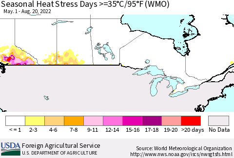 Canada Seasonal Heat Stress Days >=35°C/95°F (WMO) Thematic Map For 5/1/2022 - 8/20/2022
