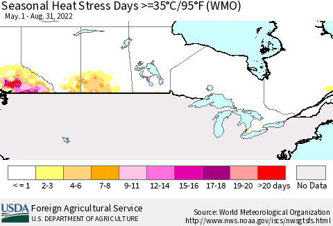 Canada Seasonal Heat Stress Days >=35°C/95°F (WMO) Thematic Map For 5/1/2022 - 8/31/2022
