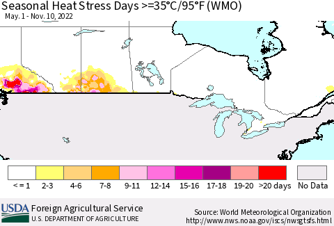 Canada Seasonal Heat Stress Days >=35°C/95°F (WMO) Thematic Map For 5/1/2022 - 11/10/2022
