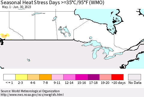 Canada Seasonal Heat Stress Days >=35°C/95°F (WMO) Thematic Map For 5/1/2023 - 6/30/2023