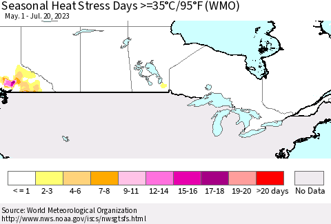 Canada Seasonal Heat Stress Days >=35°C/95°F (WMO) Thematic Map For 5/1/2023 - 7/20/2023