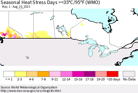 Canada Seasonal Heat Stress Days >=35°C/95°F (WMO) Thematic Map For 5/1/2023 - 8/10/2023