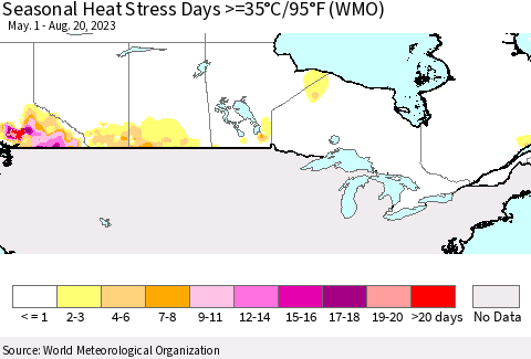 Canada Seasonal Heat Stress Days >=35°C/95°F (WMO) Thematic Map For 5/1/2023 - 8/20/2023