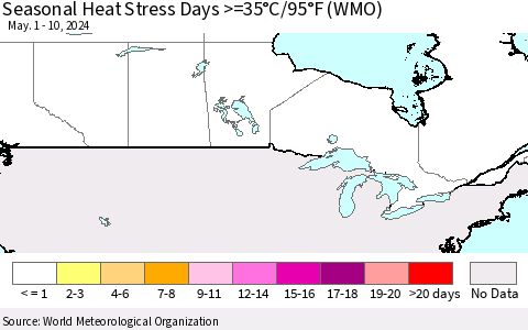 Canada Seasonal Heat Stress Days >=35°C/95°F (WMO) Thematic Map For 5/1/2024 - 5/10/2024