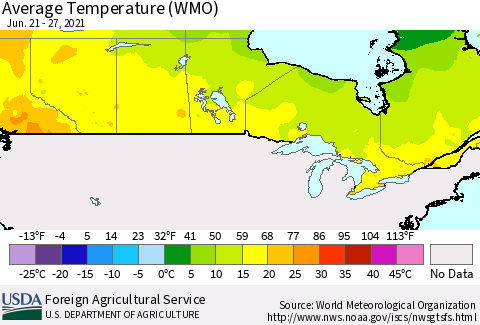 Canada Average Temperature (WMO) Thematic Map For 6/21/2021 - 6/27/2021