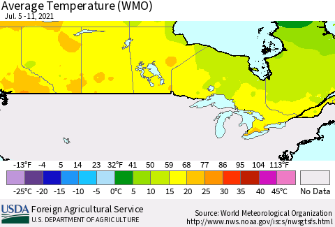 Canada Average Temperature (WMO) Thematic Map For 7/5/2021 - 7/11/2021