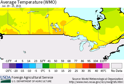 Canada Average Temperature (WMO) Thematic Map For 7/19/2021 - 7/25/2021