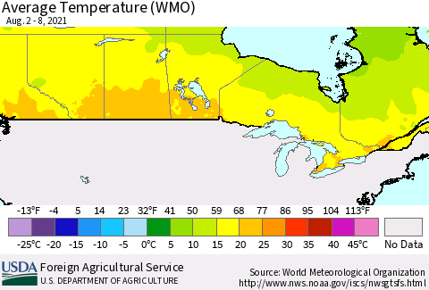 Canada Average Temperature (WMO) Thematic Map For 8/2/2021 - 8/8/2021