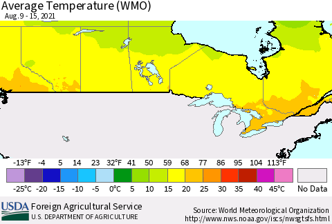 Canada Average Temperature (WMO) Thematic Map For 8/9/2021 - 8/15/2021