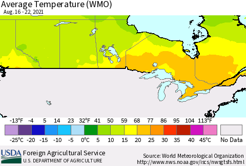 Canada Average Temperature (WMO) Thematic Map For 8/16/2021 - 8/22/2021