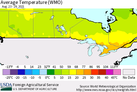 Canada Average Temperature (WMO) Thematic Map For 8/23/2021 - 8/29/2021