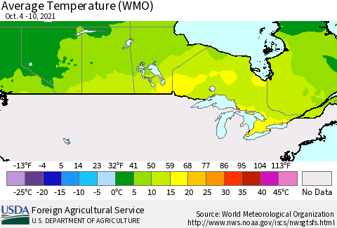 Canada Average Temperature (WMO) Thematic Map For 10/4/2021 - 10/10/2021