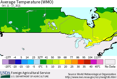Canada Average Temperature (WMO) Thematic Map For 10/11/2021 - 10/17/2021