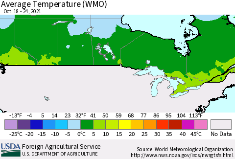 Canada Average Temperature (WMO) Thematic Map For 10/18/2021 - 10/24/2021