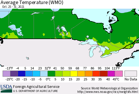 Canada Average Temperature (WMO) Thematic Map For 10/25/2021 - 10/31/2021