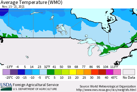 Canada Average Temperature (WMO) Thematic Map For 11/15/2021 - 11/21/2021