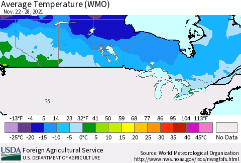 Canada Average Temperature (WMO) Thematic Map For 11/22/2021 - 11/28/2021